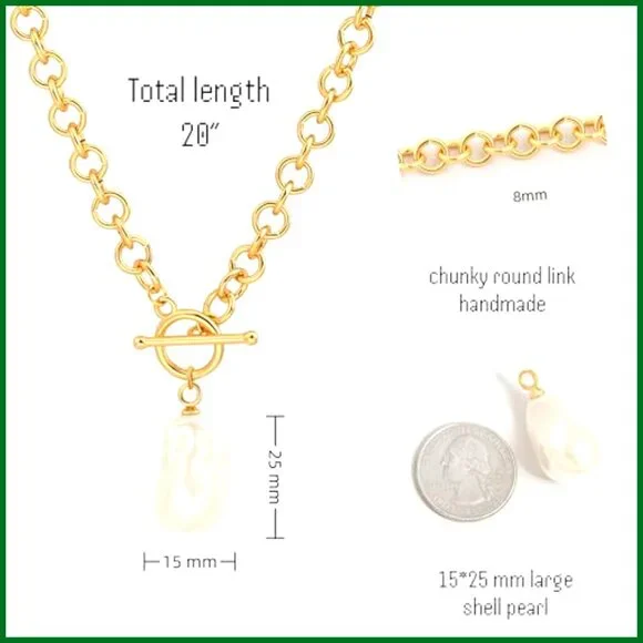 18k Gold Plated Chain Link Necklace with Baroque Pearl Pendant - Picture 4 of 7